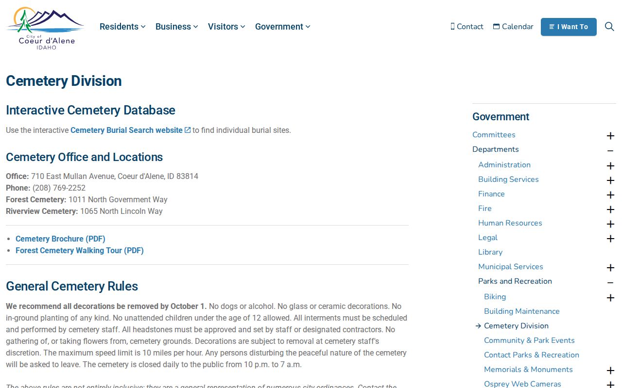 Coeur d'Alene Cemetery Division page for Forest and Riverview records