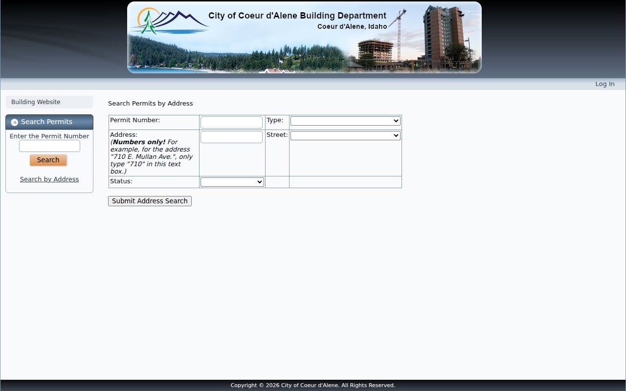 Coeur d'Alene building permit search by permit number and address