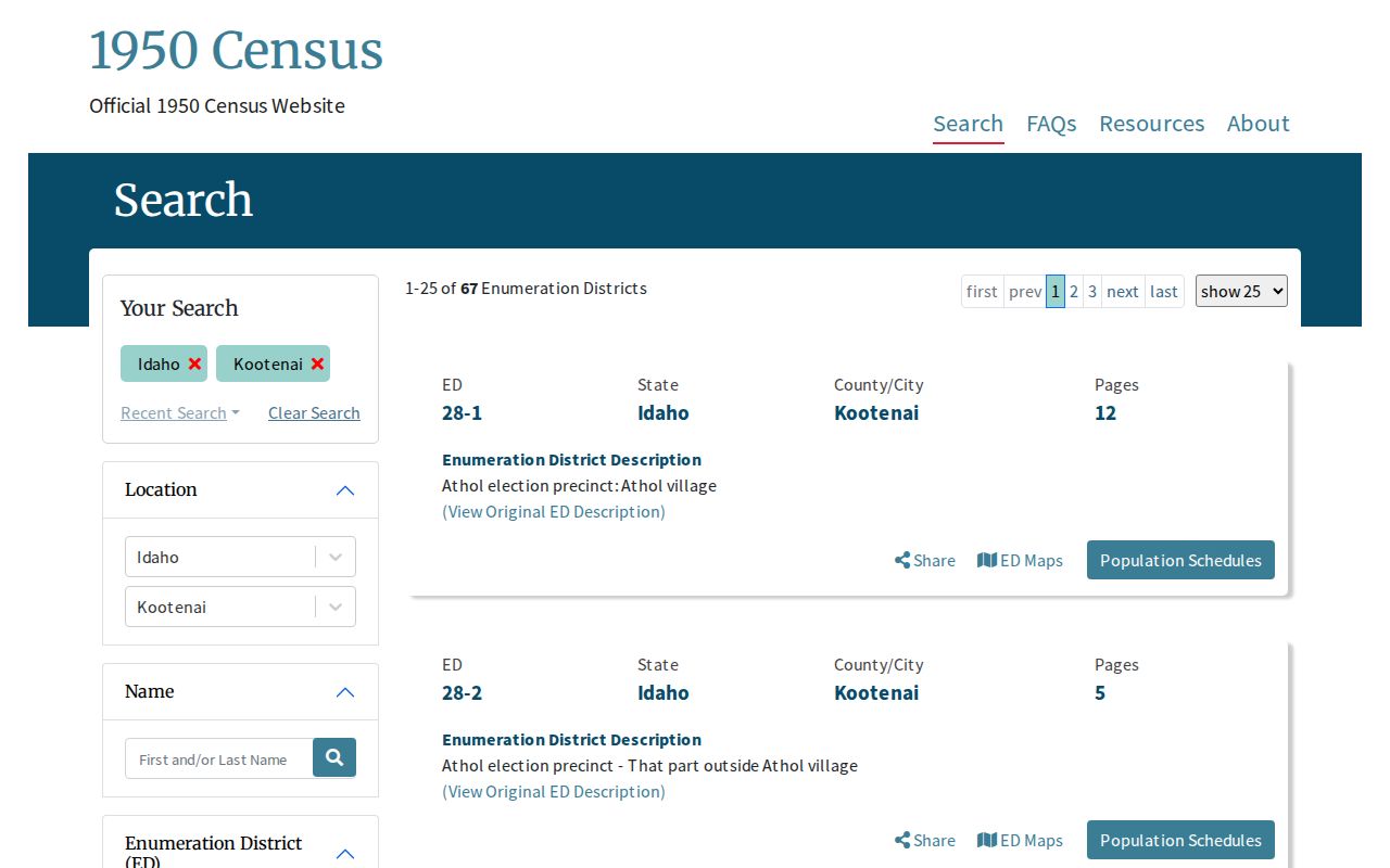 Coeur d'Alene previous residents 1950 Kootenai County census search