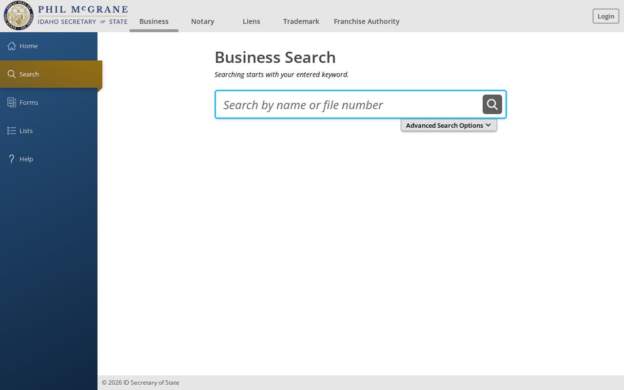 Idaho Secretary of State business entity name and file number search