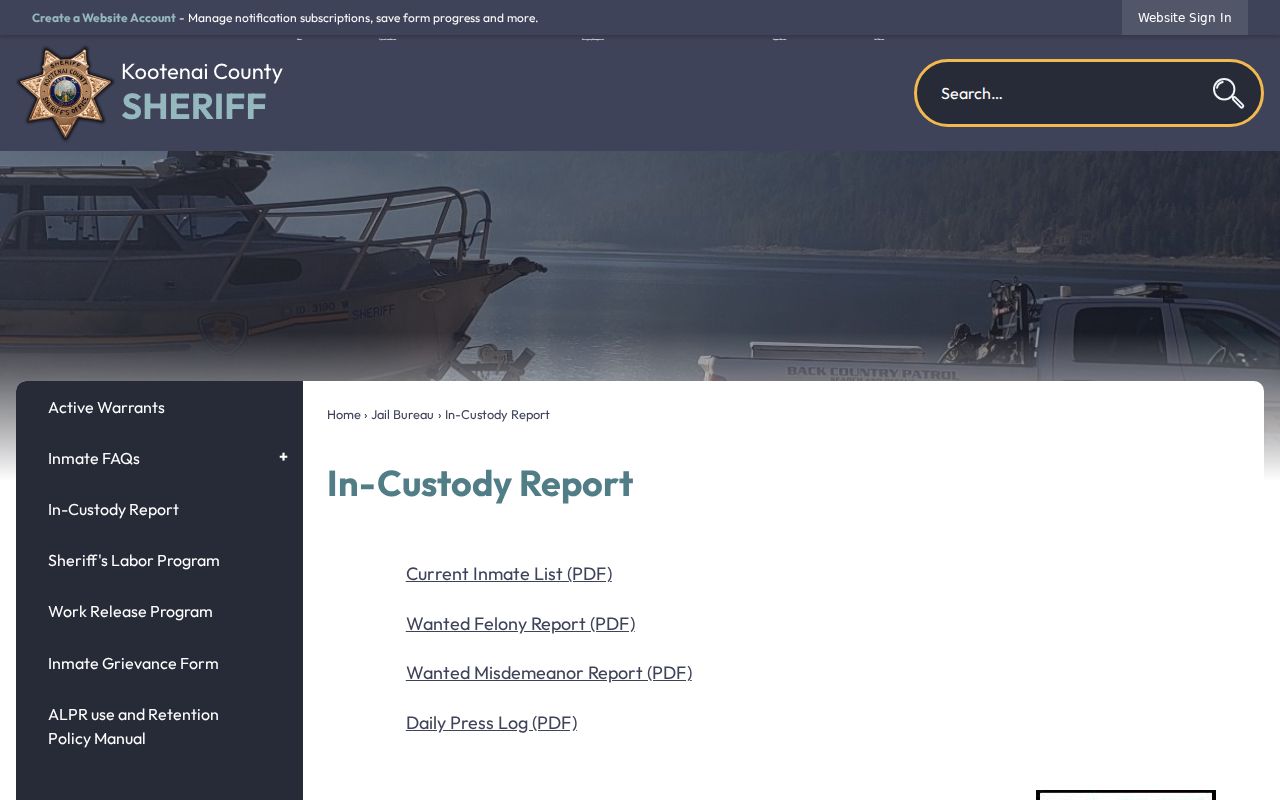 Kootenai County Sheriff current in-custody report and VINE links