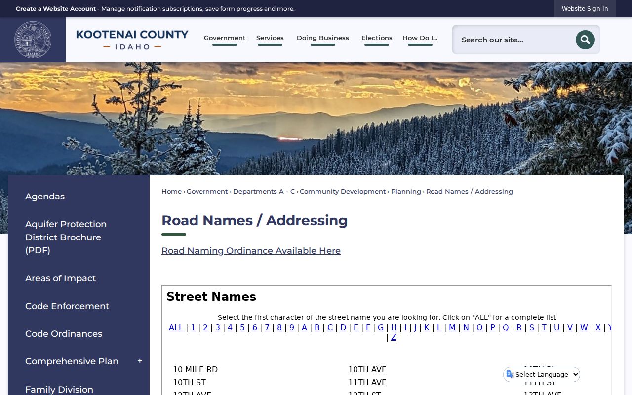 Coeur d'Alene street directory county road names and addressing